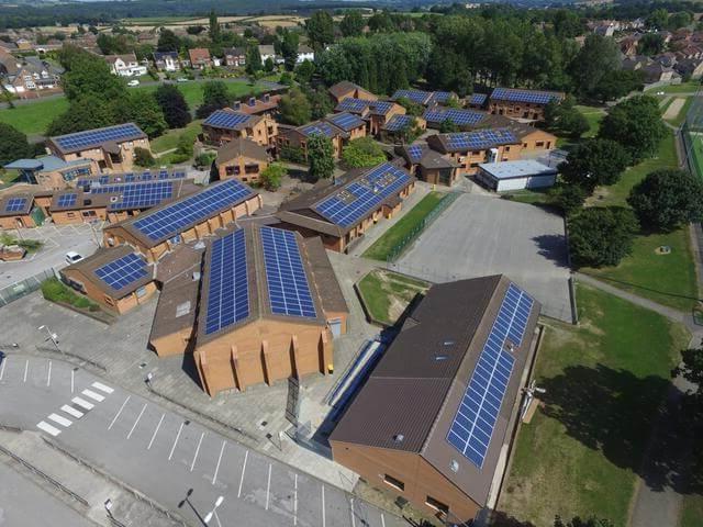 Birds-eye view of Essex County Council buildings with roof solar panels